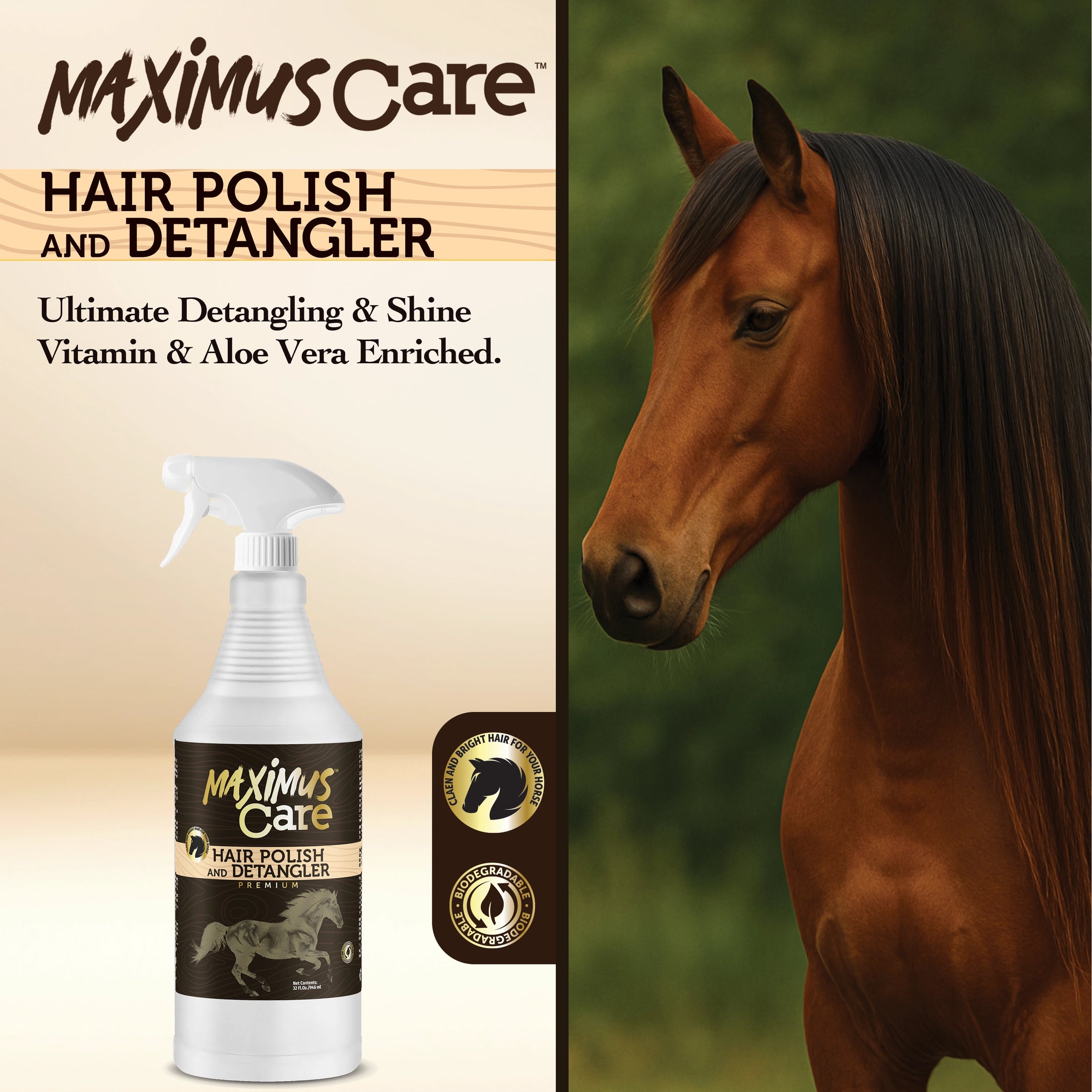 Horse Mane & Tail Detangler Spray Maximus Care – 32 oz | Tangle-Free Shine Solution