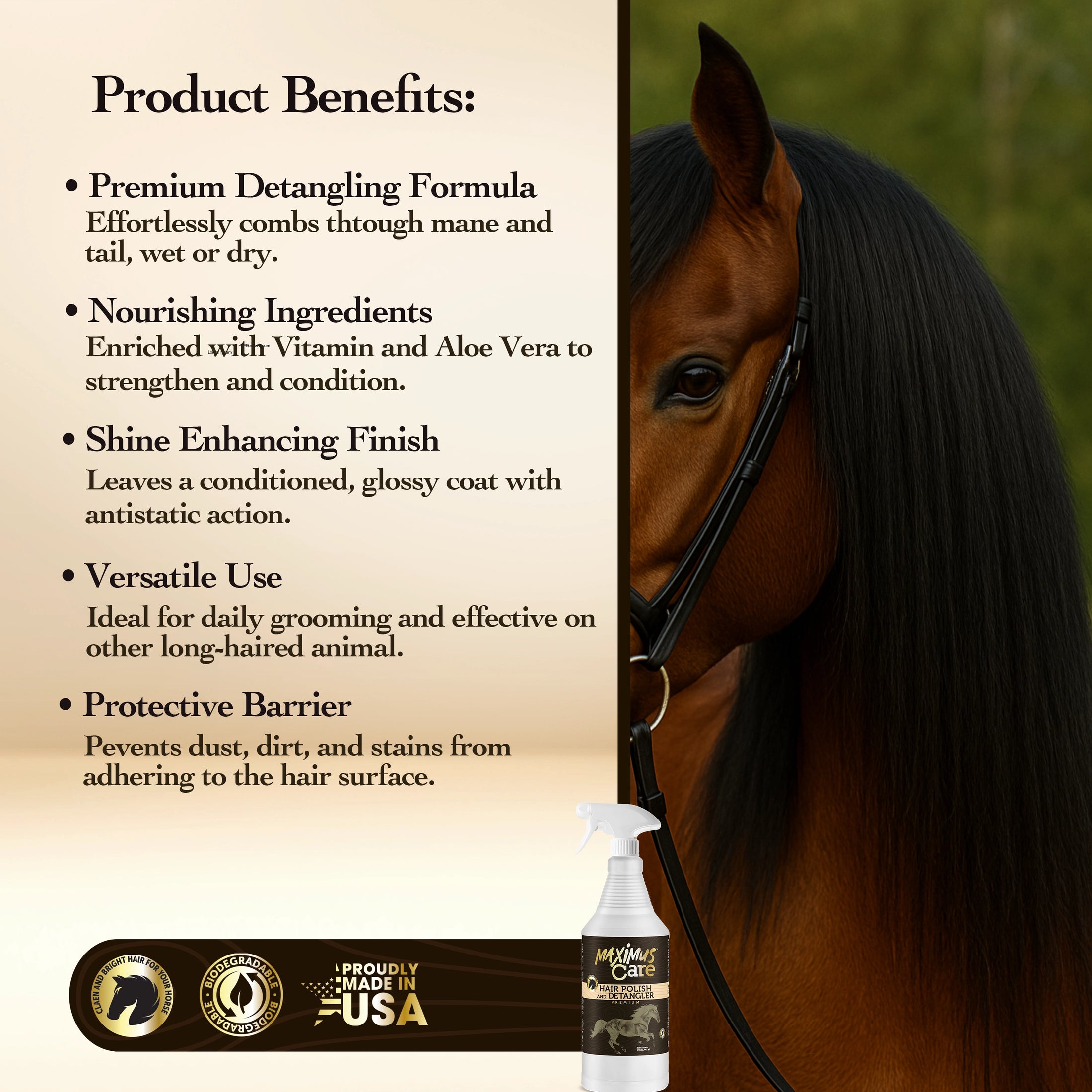 Horse Mane & Tail Detangler Spray Maximus Care – 32 oz | Tangle-Free Shine Solution